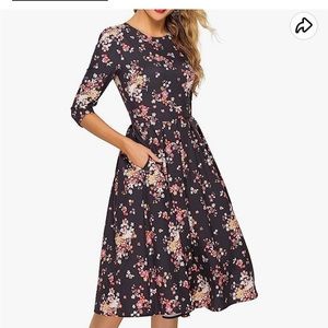 Women's Floral Vintage Dress Midi 3/4 Sleeves